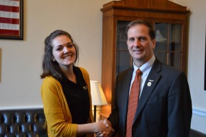 Washington County Youth Coalition President Abigal Dickie shakes hands with Rep. Chris Stewart during a Community Anti-Drug Coalitions of America conference, Washington, D.C., circa February 2015 | Photo courtesy of Logan Reid