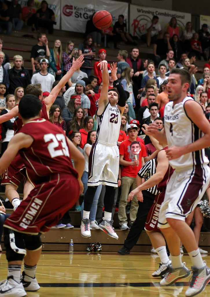 Garrett Bowker (23) with a 3-pointer, Cedar vs. Pine View, Boys Basketball, St. George, Utah, Feb. 13, 2015 | Photo by Robert Hoppie, ASPpix.com, St. George News