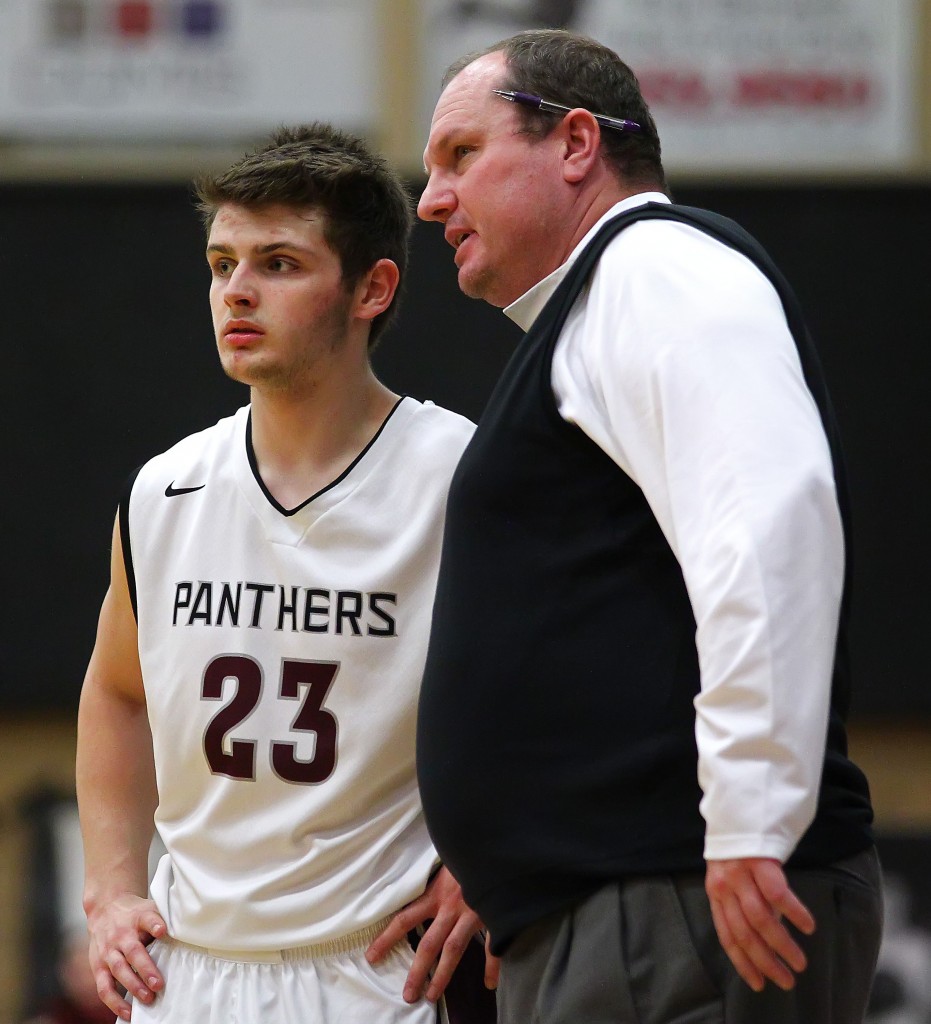 Garrett Bowker (23) and Panther Head Coach Darrell Larsen, Cedar vs. Pine View, Boys Basketball, St. George, Utah, Feb. 13, 2015 | Photo by Robert Hoppie, ASPpix.com, St. George News