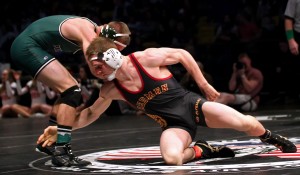 Dallin Brooks (black singlet) won the 160-pound state final match for Cedar, Orem, Utah, Feb. 14, 2015 | Photo by Robert Hoppie, ASPpix.com, St. George News