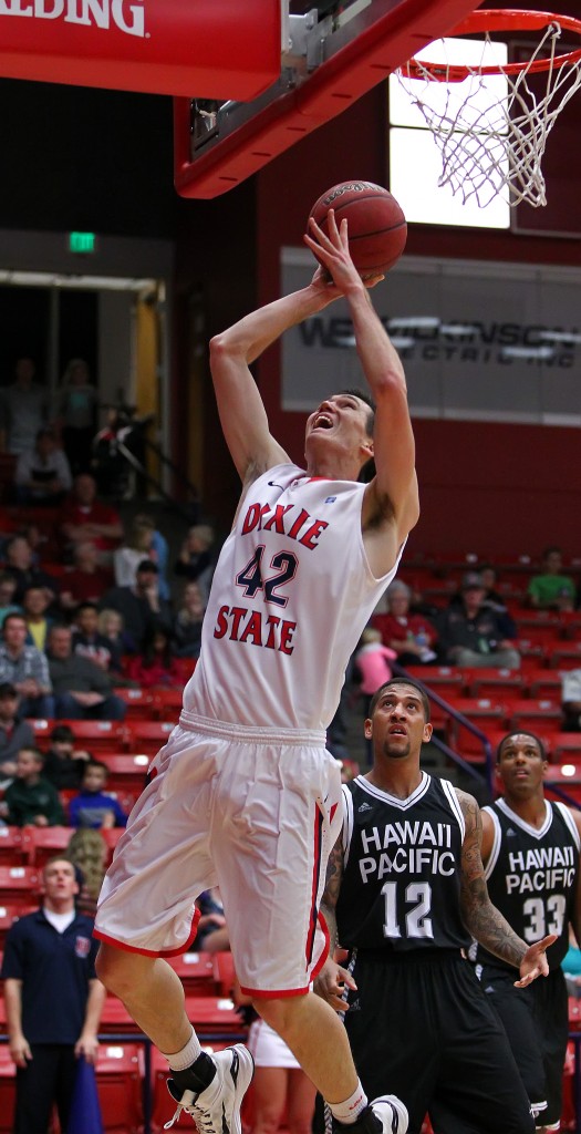 Zach Robbins (42) shoots in the paint for the Red Storm, Dixie State University vs. Hawaii Pacific University, Men's Basketball, St. George,  Utah, Feb. 16, 2015 | Photo by Robert Hoppie, ASPpix.com, St. George News