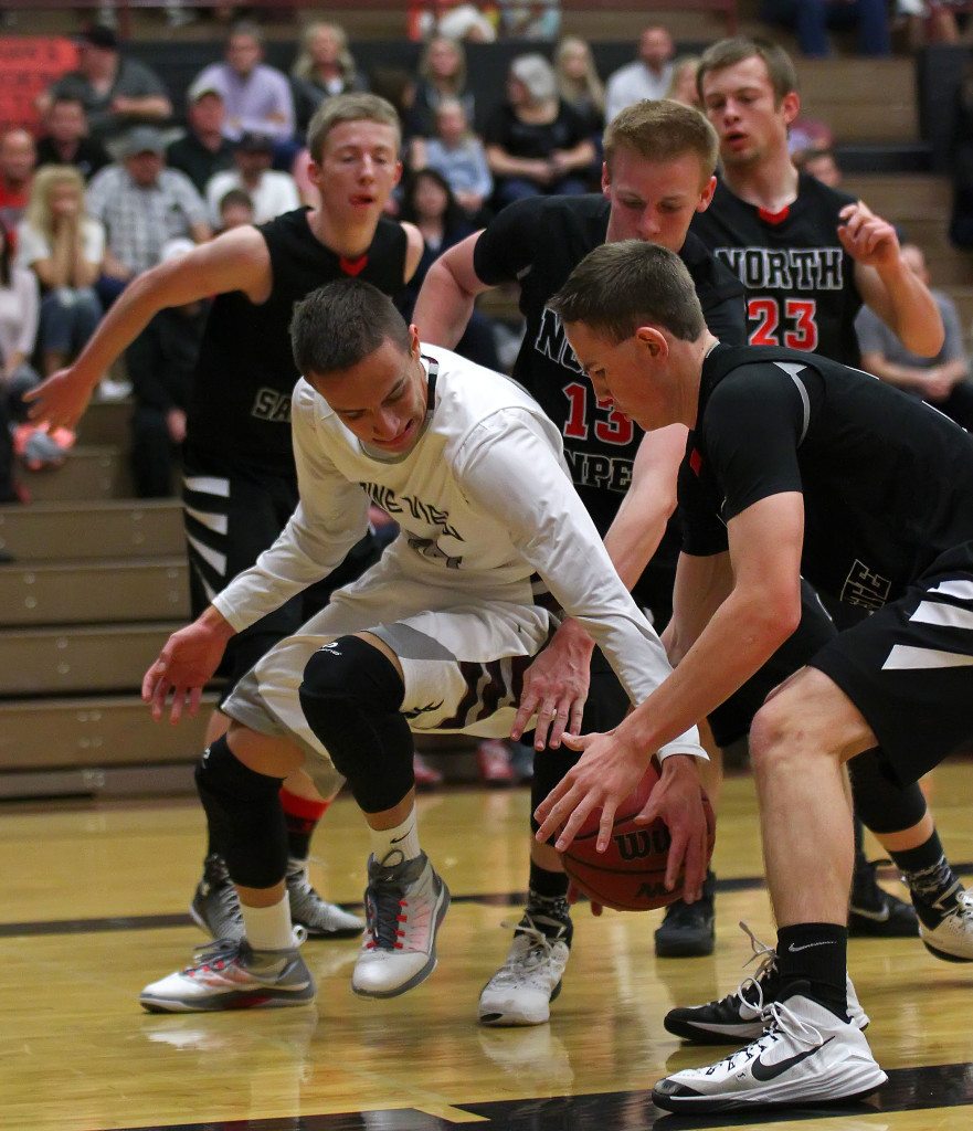 Jed Newby grabs a loose ball for the Panthers, North Sanpete vs. Pine View, Boys Basketball, St. George,  Utah, Feb. 20, 2015 | Photo by Robert Hoppie, ASPpix.com, St. George News