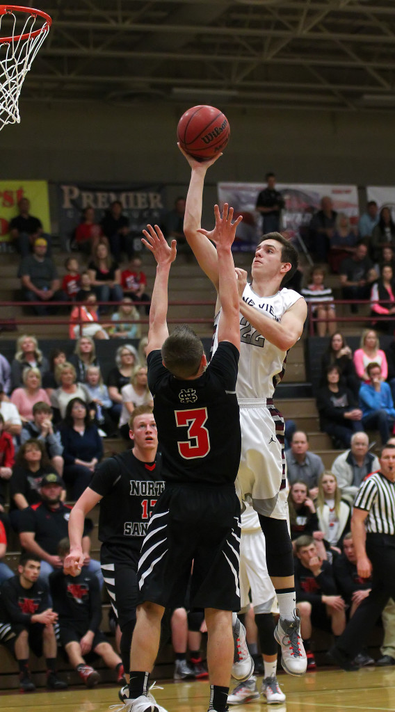 Cody Ruesch takes a shot over a North Sanpete player, North Sanpete vs. Pine View, Boys Basketball, St. George,  Utah, Feb. 20, 2015 | Photo by Robert Hoppie, ASPpix.com, St. George News