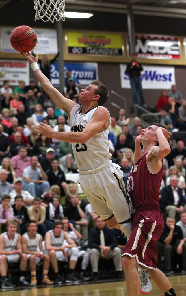 Max Mills with a layup after making a steal in the backcourt, Juab vs. Desert Hills, Boys Basketball, St. George,  Utah, Feb. 20, 2015 | Photo by Robert Hoppie, ASPpix.com, St. George News