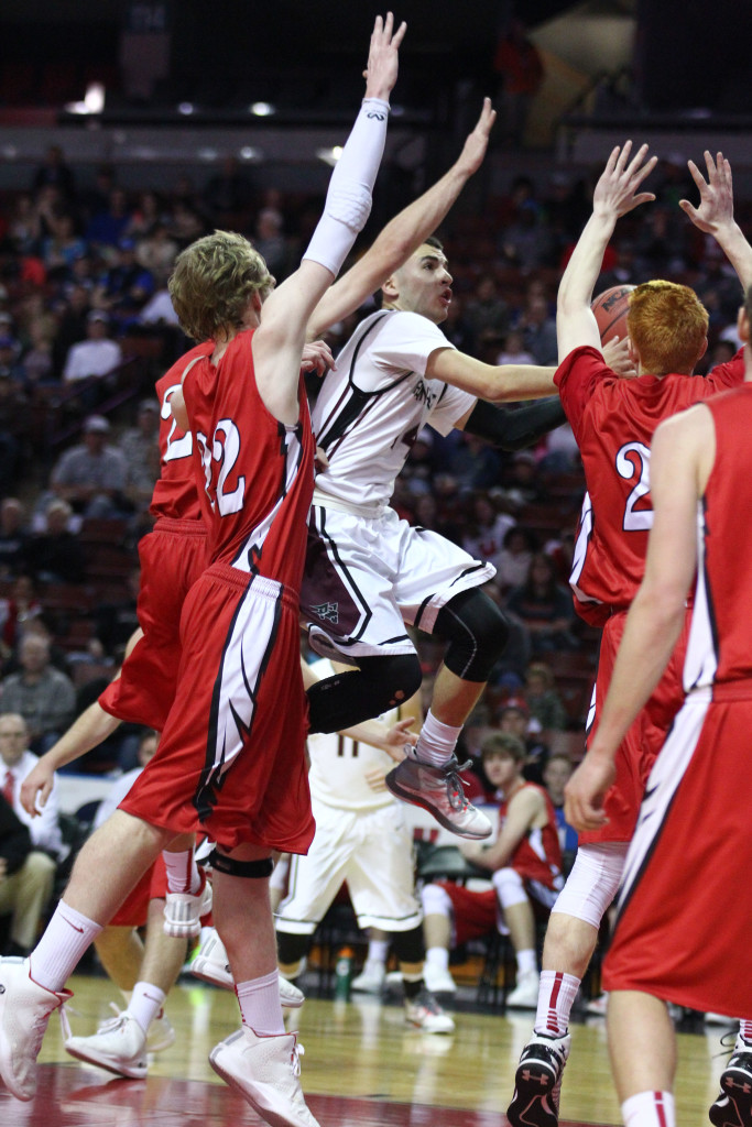 Chaz Petersen drives into the Uintah defense, Pine View vs. Uintah, 3A State Basketball Tournament, Salt Lake City, Utah, Feb. 26, 2015 | Photo by Robert Hoppie, ASPpix.com, St. George News