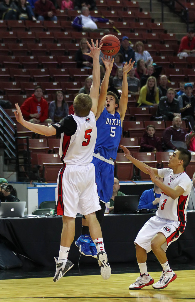 Tyler Bennett (5) launches a last second 3-pointer to win the game for the Flyers, Dixie vs. Bear River, 3A State Basketball Tournament, Salt Lake City, Utah, Feb. 26, 2015 | Photo by Robert Hoppie, ASPpix.com, St. George News