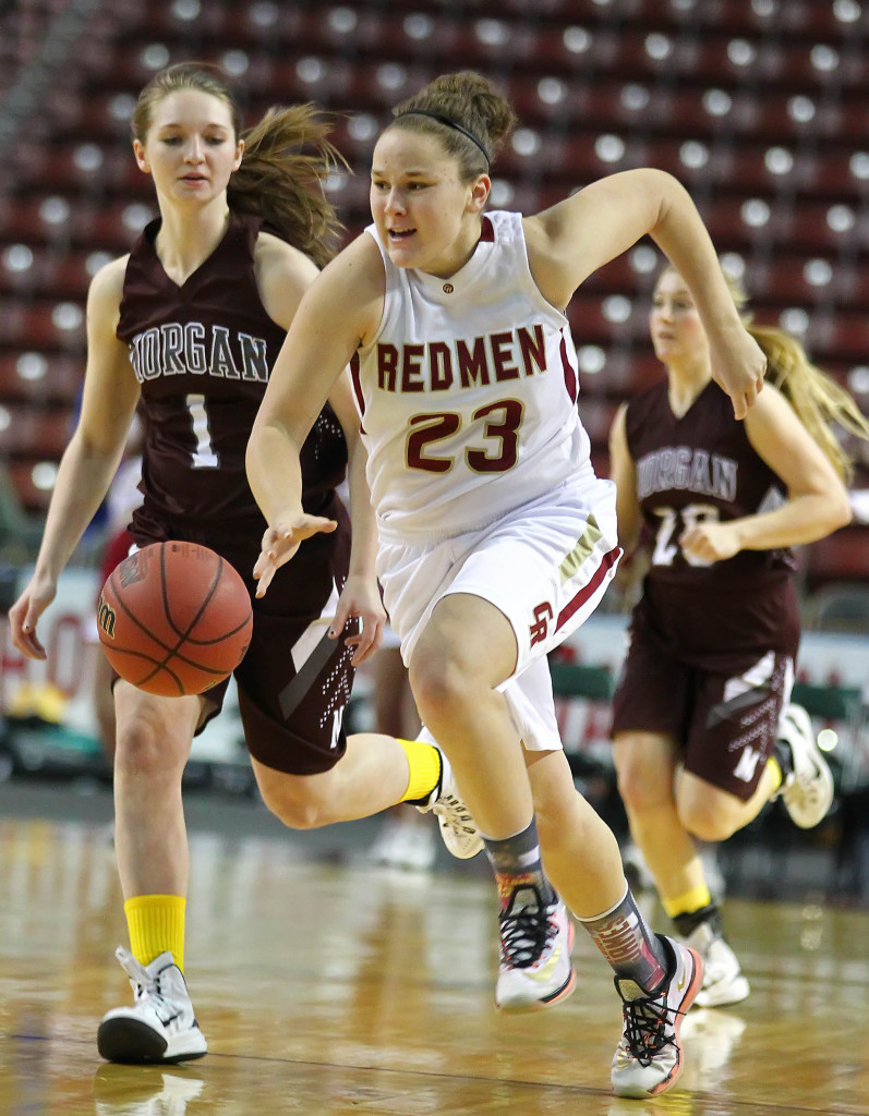 Courtney Morley (23) hustles up court on a fast break for Cedar, Cedar vs. Morgan, 3A State Basketball Tournament, Salt Lake City, Utah, Feb. 26, 2015 | Photo by Robert Hoppie, ASPpix.com, St. George News