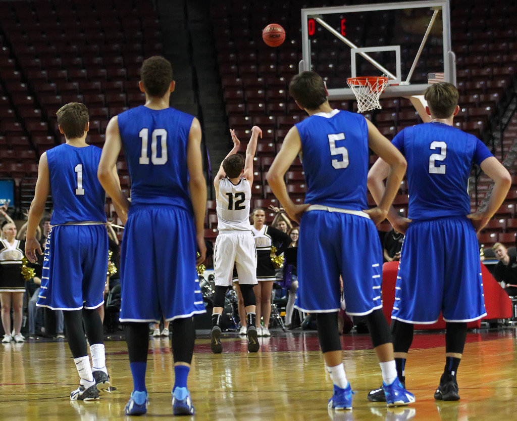 Marcus McKone (12) shoots a technical foul shot, Desert Hills vs. Dixie, 3A State Basketball Tournament, Salt Lake City, Utah, Feb. 27, 2015 | Photo by Robert Hoppie, ASPpix.com, St. George News