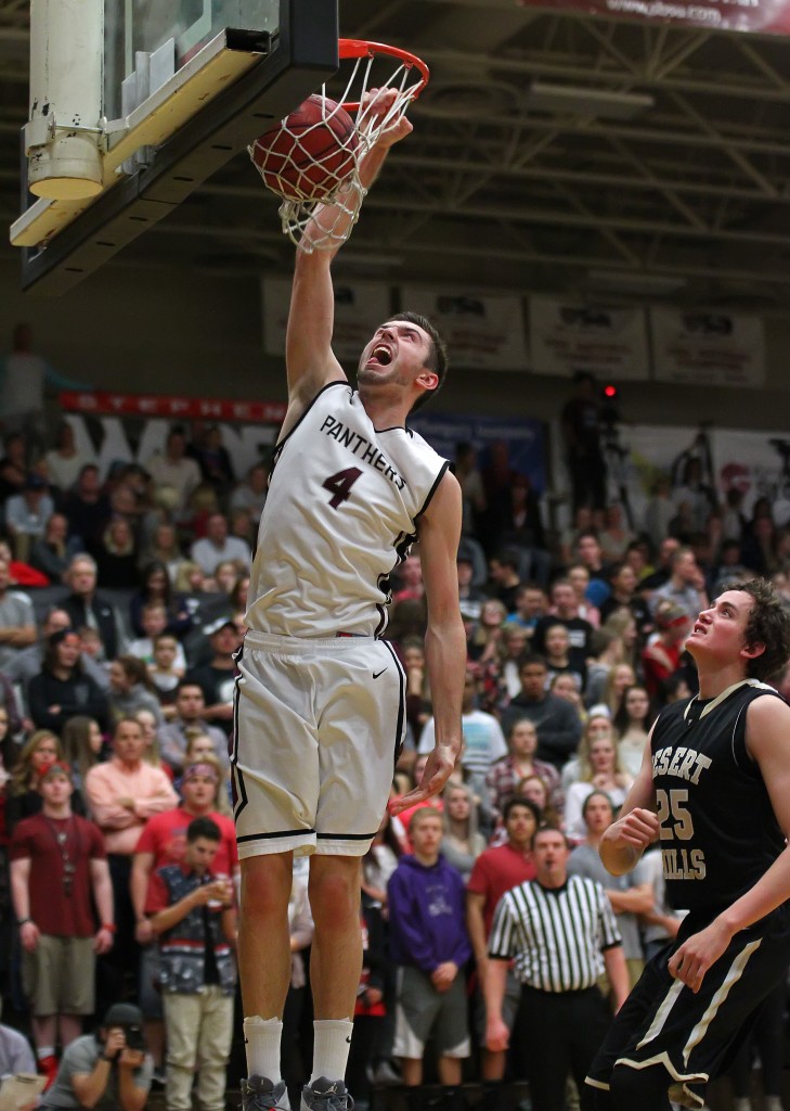 Panther C Kody Wilstead (4) throws down a dunk, Desert Hills vs. Pine View, Boys Basketball, St. George, Utah, Feb. 4, 2015 | Photo by Robert Hoppie, ASPpix.com, St. George News