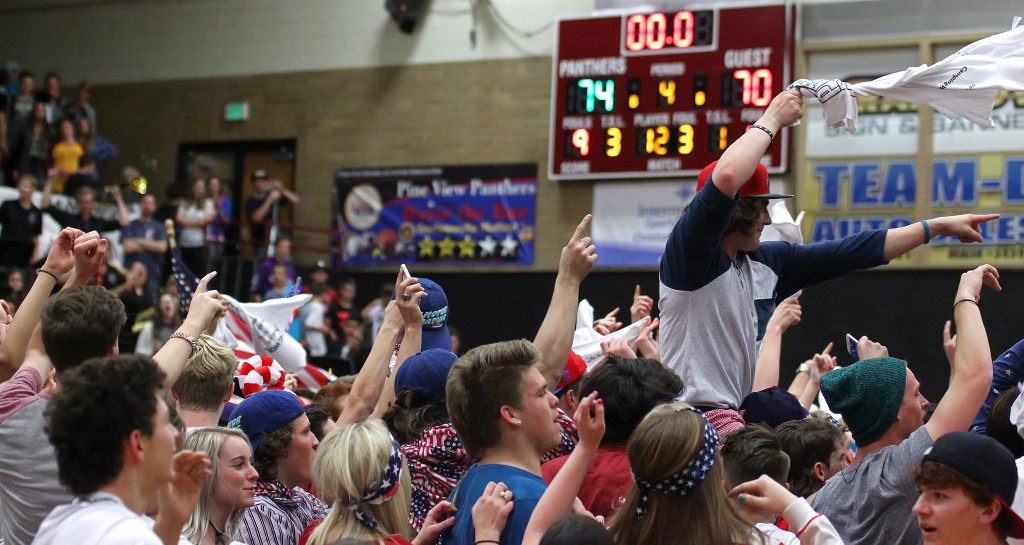 Pine View fans celebrate their team's victory over the Thunder, Desert Hills vs. Pine View, Boys Basketball, St. George, Utah, Feb. 4, 2015 | Photo by Robert Hoppie, ASPpix.com, St. George News