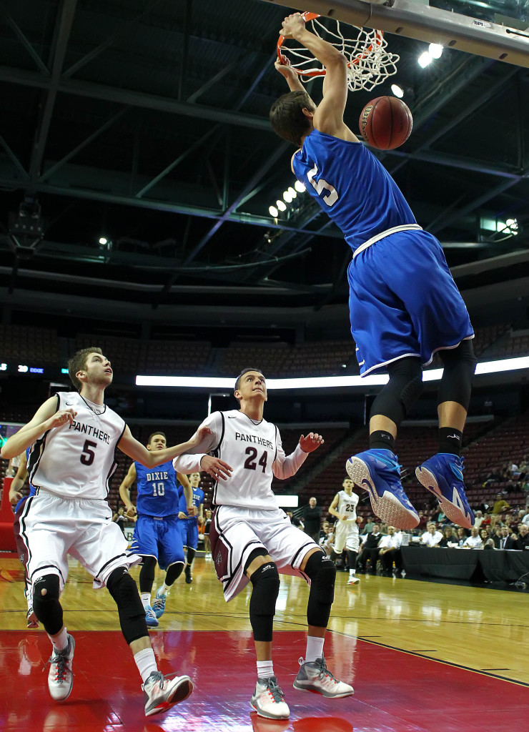Tyler Bennett (5) with a big dunk in the second half of the contest, Pine View vs. Dixie, 3A State Basketball Championship, Salt Lake City, Utah, Feb. 28, 2015 | Photo by Robert Hoppie, ASPpix.com, St. George News