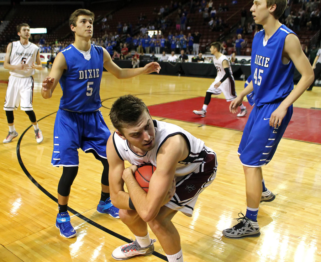 This was the last second of the 2014-15 season, with Kody Wilstead holding the ball to run out the clock for the Panthers in the state title game, Pine View vs. Dixie, 3A State Basketball Championship, Salt Lake City, Utah, Feb. 28, 2015 | Photo by Robert Hoppie, ASPpix.com, St. George News