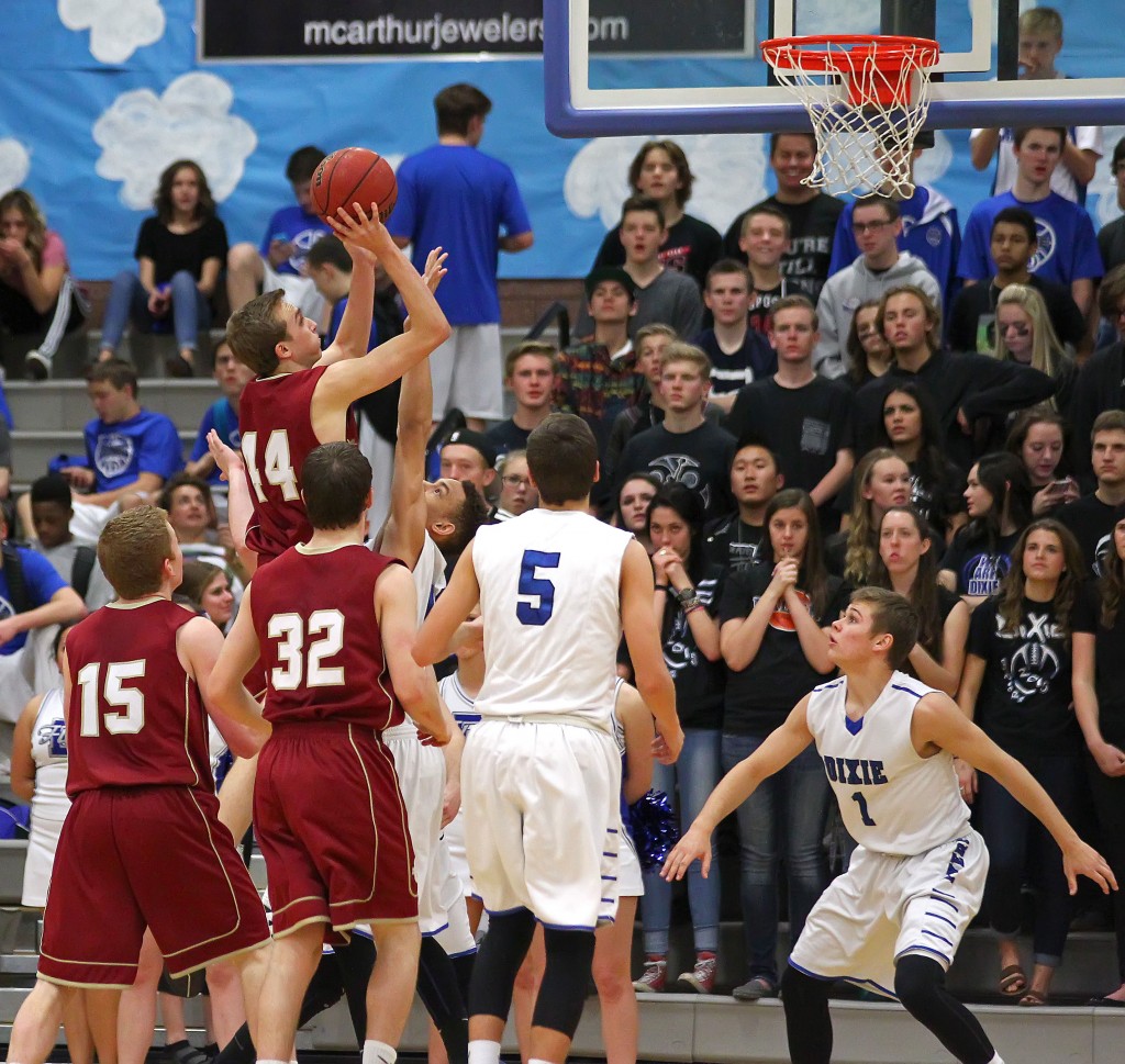 Ben Brown (44) with a short jumper for Cedar, Dixie vs. Cedar, Boys Basketball, St. George, Utah, Feb. 6, 2015 | Photo by Robert Hoppie, ASPpix.com, St. George News