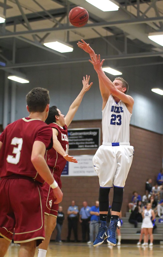 Jake Hawes (23) with a 3-point attempt, Dixie vs. Cedar, Boys Basketball, St. George, Utah, Feb. 6, 2015 | Photo by Robert Hoppie, ASPpix.com, St. George News