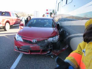 A Toyota Corolla collides with a motor home, Beaver, Utah, Feb. 10, 2015 | Photo courtesy of Utah Highway Patrol, St. George News