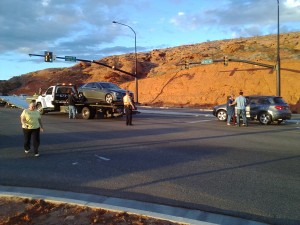 Two-car collision on Red Hills Parkway, St. George, Utah, Feb. 7, 2015 | Photo by Craig Bennett, St. George News