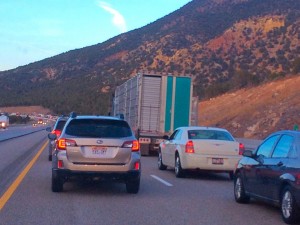 Traffic is backed up on Interstate 15 due to a two-vehicle collision, Washington County, Utah, Feb. 16, 2015 | Photo by Kimberly Scott, St. George News