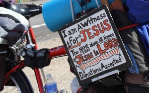 Gary Madison Mark's bike is decorating with signs declaring his faith, Washington County, Utah, Feb. 6, 2015 | Photo by Leanna Bergeron, St. George News