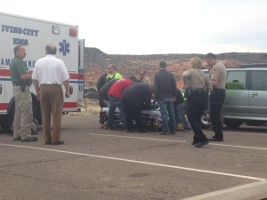 Emergency responders prepare to load a woman who fell and rolled 30 feet off a trail into an ambulance, Petrified Dunes, Snow Canyon State Park, March 11, 2015 | Photo by Leanna Bergeron, St. George News