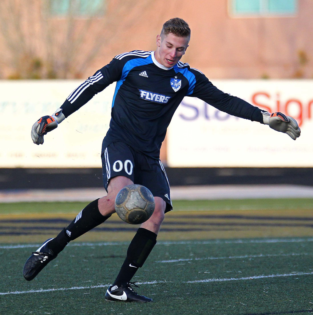 Dixie goalie Ethan Poulton (00), Dixie vs. Desert Hills, Boys Soccer, St. George, Utah, Mar. 10, 2015 | Photo by Robert Hoppie, ASPpix.com, St. George News