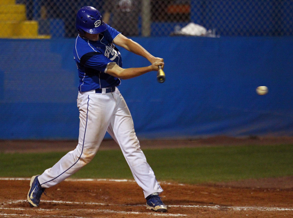 Tyson Fisher rips a hit into the outfield for the Flyers, fikle photo from Fremont vs. Dixie, Dixie Sunshine Classic championship game, Baseball, St. George, Utah, Mar. 14, 2015 | Photo by Robert Hoppie, ASPpix.com, St. George News