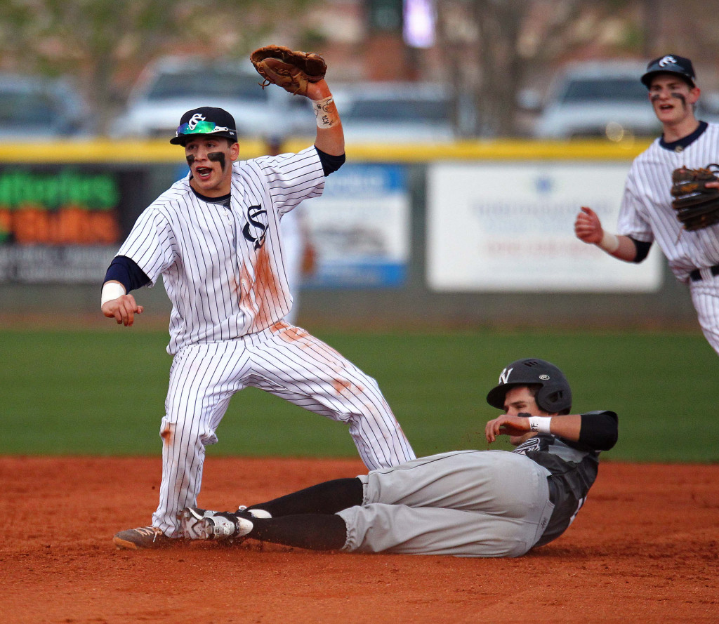 Snow Canyon second baseman Nick Dolce tags out Pine View's Kash Walker, Pine View vs. Snow Canyon, Baseball, St. George, Utah, Mar. 17, 2015 | Photo by Robert Hoppie, ASPpix.com, St. George News