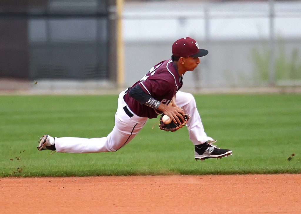 Panther second baseman Logan LaFemina fields a tricky hop for an out, Snow Canyon vs. Pine View, baseball, St. George, Utah, Mar. 18, 2015 | Photo by Robert Hoppie, ASPpix.com, St. George News