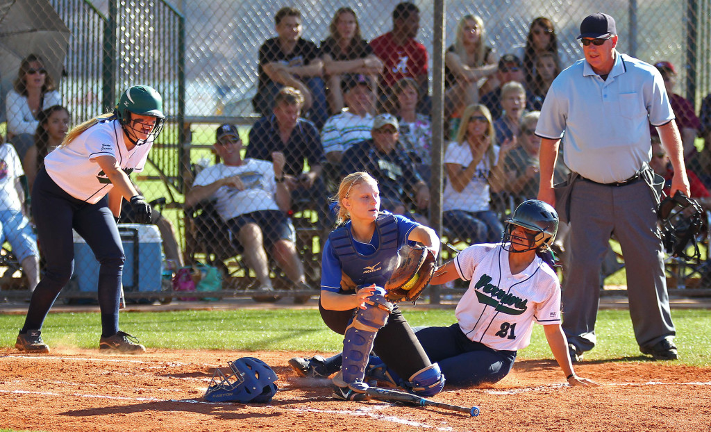 Snow Canyon's Sonya Hardy (21) slides in to home safely, Dixie vs. Snow Canyon, Softball, St. George, Utah, Mar. 27, 2015 | Photo by Robert Hoppie, ASPpix.com, St. George News