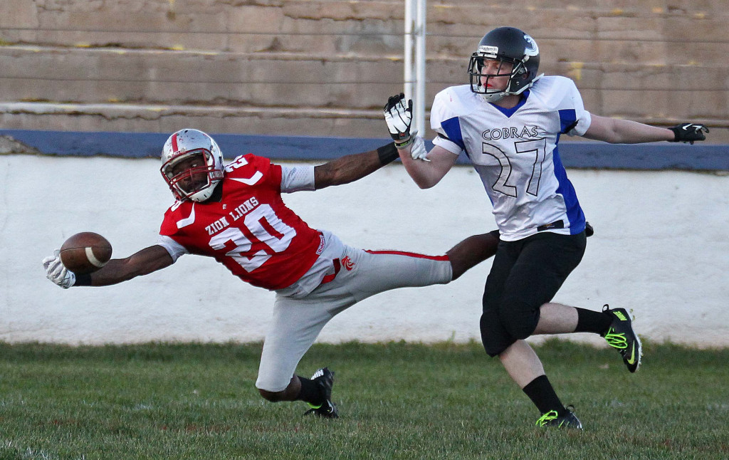 Lion receiver Ryne Wall nearly pulls in a one handed grab, Zion Lions vs. Utah Cobras, Football, St. George, Utah, Mar. 28, 2015 | Photo by Robert Hoppie, ASPpix.com, St. George News