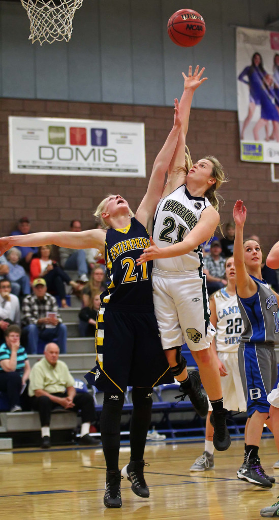 Enterprise's Riley Lyman defends as Snow Canyon's Madison Mooring (21) puts up a shot in the paint, March Mayhem All Star Basketball, St. George, Utah, Mar. 7, 2015 | Photo by Robert Hoppie, ASPpix.com, St. George News