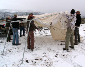 Setting up the triage tent for fawn survival study, Angle staging area, Angle, Utah, March 1, 2015 | Photo by Carin Miller, St. George News