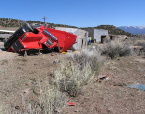 A rig pulling two trailers full of sheep rolled over while traveling east to Cedar City, Highway 56, milepost 50, Cedar City, Utah, March 19, 2015 | Photo by Carin Miller, St. George News 