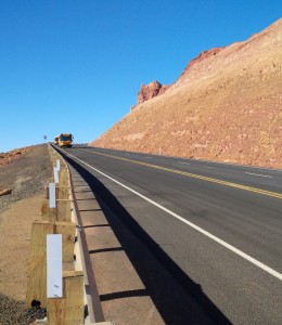 The first vehicle to use the newly rebuilt U.S. 89 highway south of Page after it was reopened to traffic for the first time Friday following the Feb. 20, 2013, landslide, Page, Arizona, March 27, 2015 | Photo courtesy of the Arizona Department of Transportation, St. George News