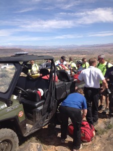 Emergency responders place an injured mountain biker in an ATV specialized for medical transport, St. George, Utah, March 21, 2015 | Photo courtesy of Darren Inlay, St. George News