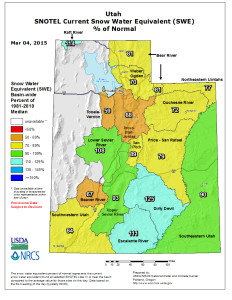 Map of Utah snow water equivalent, as a percentage of normal, March 4, 2015 | Map courtesy of USDA Natural Resources Conservation Service, St. George News | Click on map to enlarge