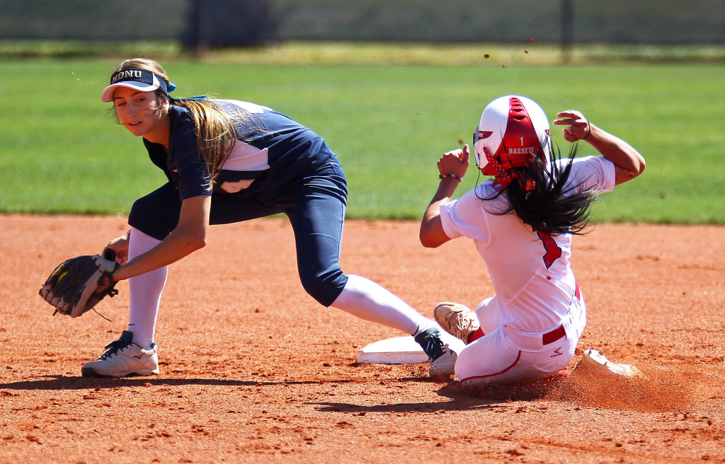 Janessa Barrett (1) steals second base for the Red Storm, Dixie State University vs. Notre Dame de Namur University, Softball, St. George, Utah, Apr. 11, 2015 | Photo by Robert Hoppie, ASPpix.com, St. George News