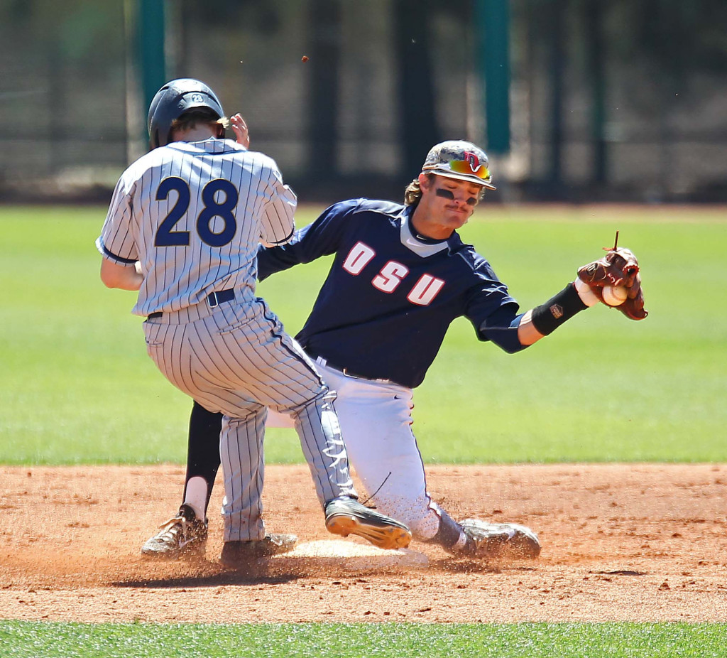 Red Storm second baseman Drew McLaughlin takes a throw at second base, Dixie State University vs. California Baptist University, Baseball, St. George, Utah, Apr. 11, 2015 | Photo by Robert Hoppie, ASPpix.com, St. George News