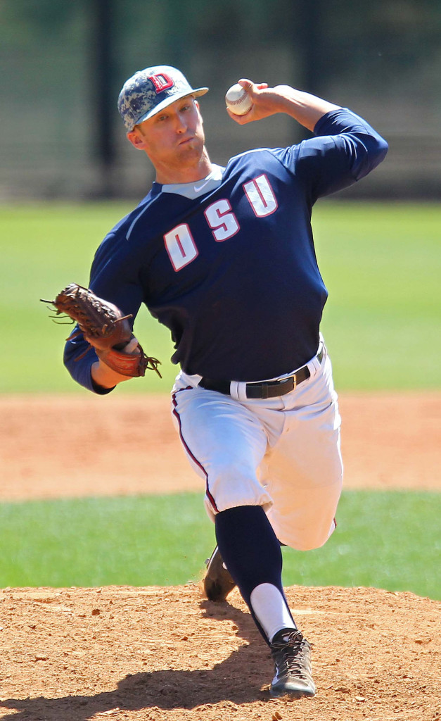 Bronson Anderson makes a relief appearance for the Red Storm, Dixie State University vs. California Baptist University, Baseball, St. George, Utah, Apr. 11, 2015 | Photo by Robert Hoppie, ASPpix.com, St. George News