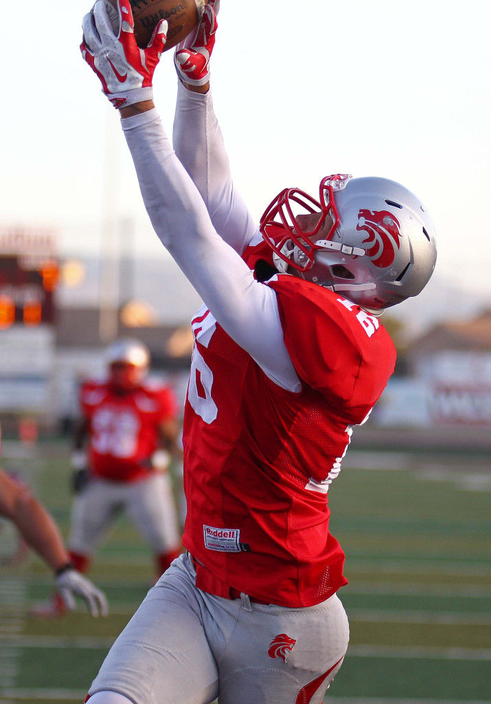 Dalton Groskreutz snags a Misi Tupe pass in the back of the end zone for a Lions touchdown, Zion Lions vs. Wasatch Revolution, Football, St. George, Utah, Apr. 11, 2015 | Photo by Robert Hoppie, ASPpix.com, St. George News