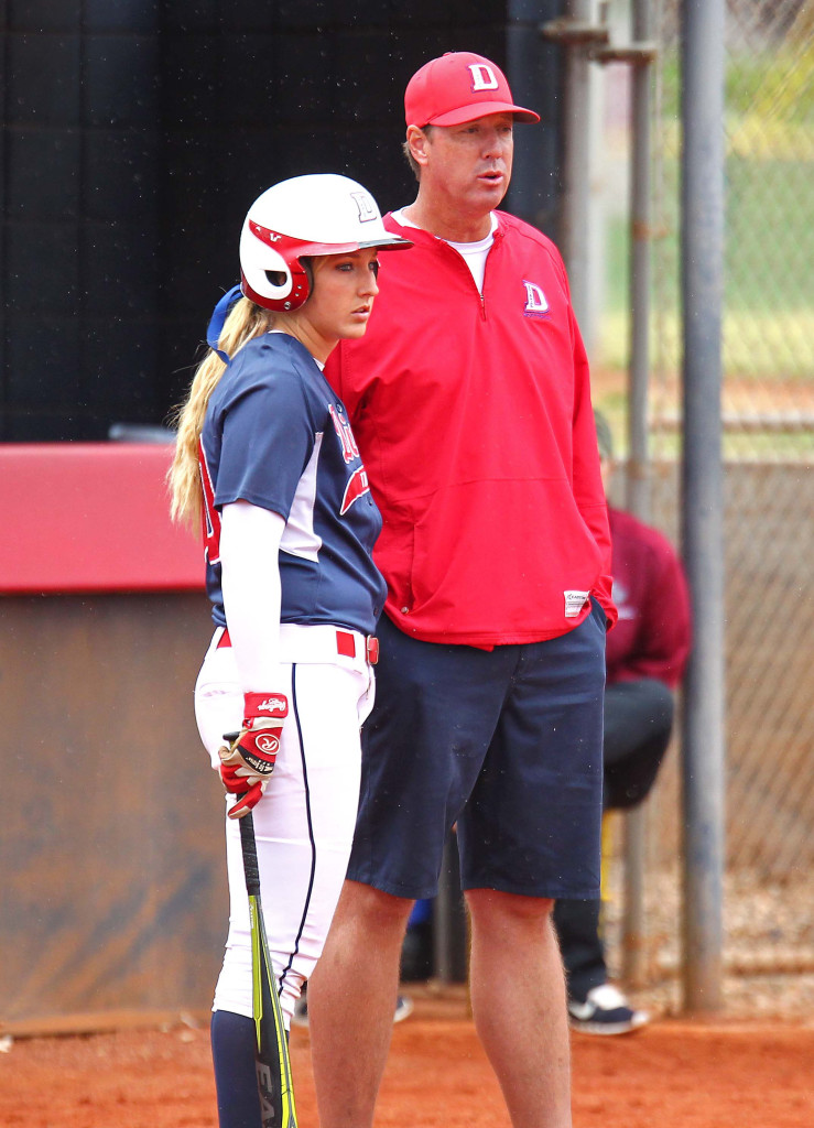 Red Storm head coach Randy Simkins discusses strategy with Autumn Woodfall in this file photo from Dixie State University vs. Azusa Pacific University, Softball, St. George, Utah, Apr. 25, 2015 | Photo by Robert Hoppie, ASPpix.com, St. George News