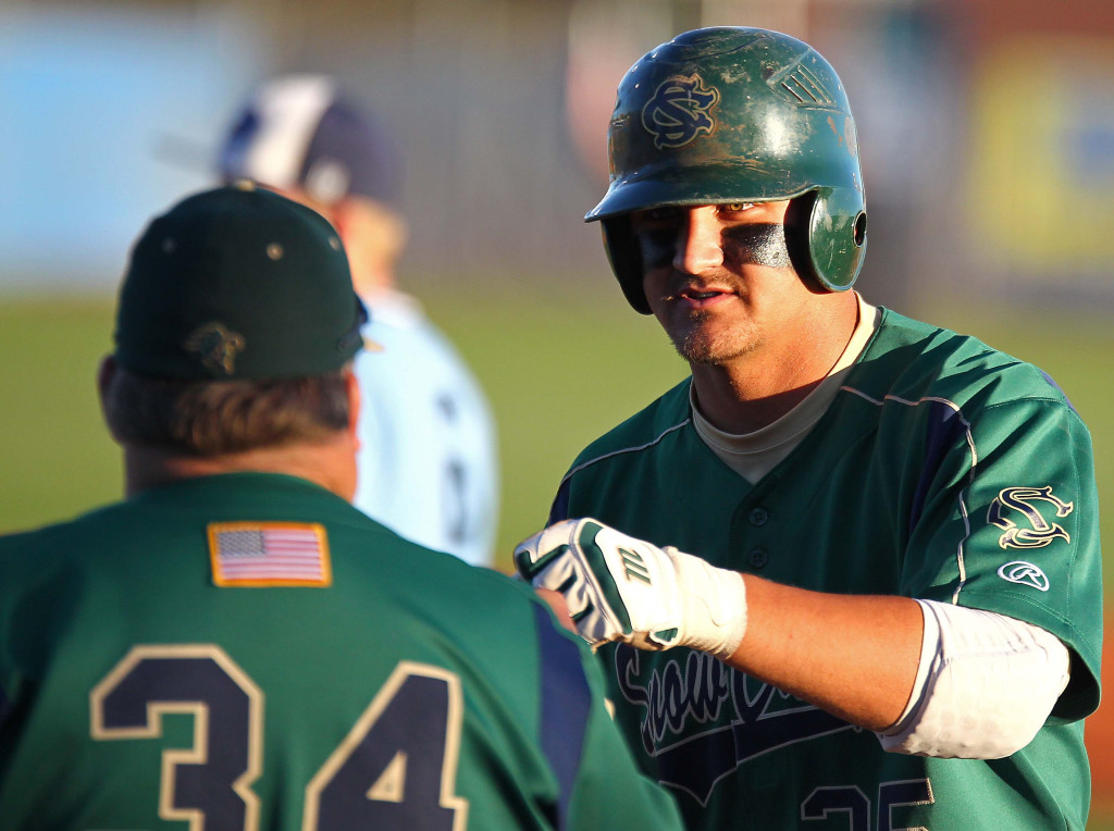 Warrior catcher Brady Sargent and assistant coach Ken Burr (34), Snow Canyon vs. Dixie, Baseball, St. George, Utah, Apr. 27, 2015 | Photo by Robert Hoppie, ASPpix.com, St. George News