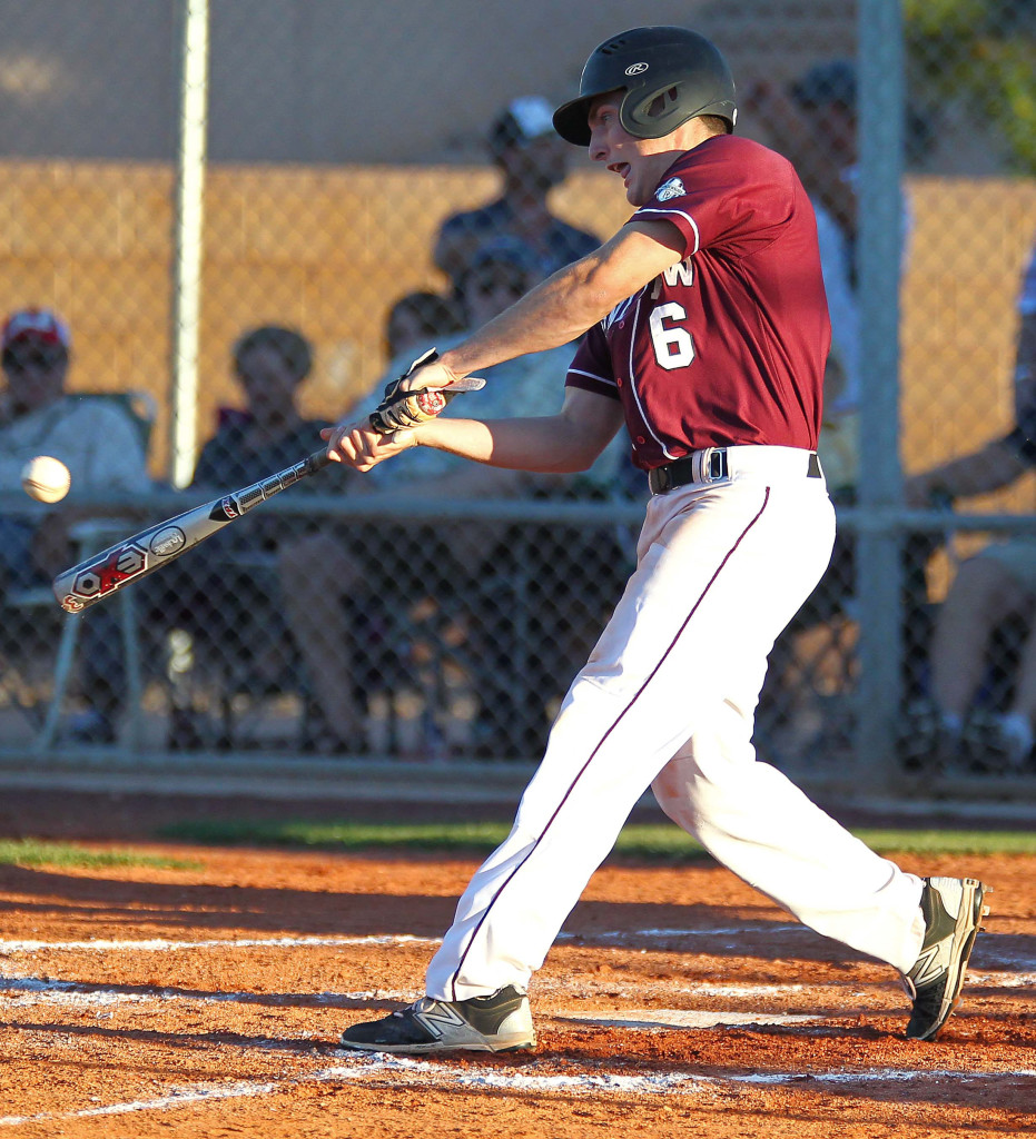 Blake Ence (6) with a hit for the Panthers, Desert Hills vs. Pine View, Baseball, St. George, Utah, Apr. 28, 2015 | Photo by Robert Hoppie, ASPpix.com, St. George News