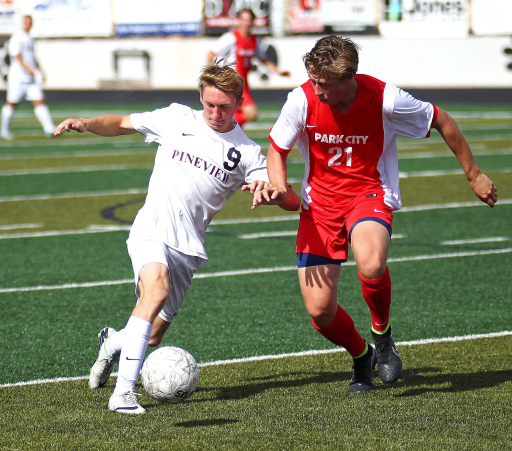 Michael Wade (9) heads towards the goal for Pine View, Pine View vs. Park City, Soccer, St. George, Utah, Apr. 30, 2015 | Photo by Robert Hoppie, ASPpix.com, St. George News