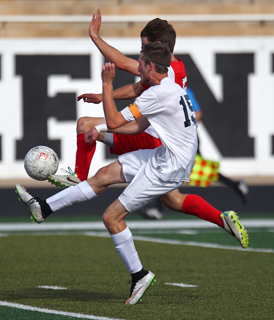 Pine View's Ethan Baer battles a Park City player for a loose ball, Pine View vs. Park City, Soccer, St. George, Utah, Apr. 30, 2015 | Photo by Robert Hoppie, ASPpix.com, St. George News