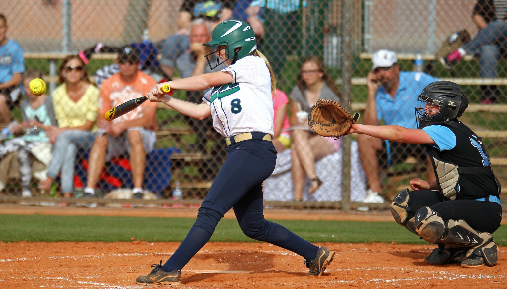 Addie Smith (8) rips a pitch in to the outfield, Canyon View vs. Snow Canyon, Softball, St. George, Utah, Apr. 1, 2015 | Photo by Robert Hoppie, ASPpix.com, St. George News