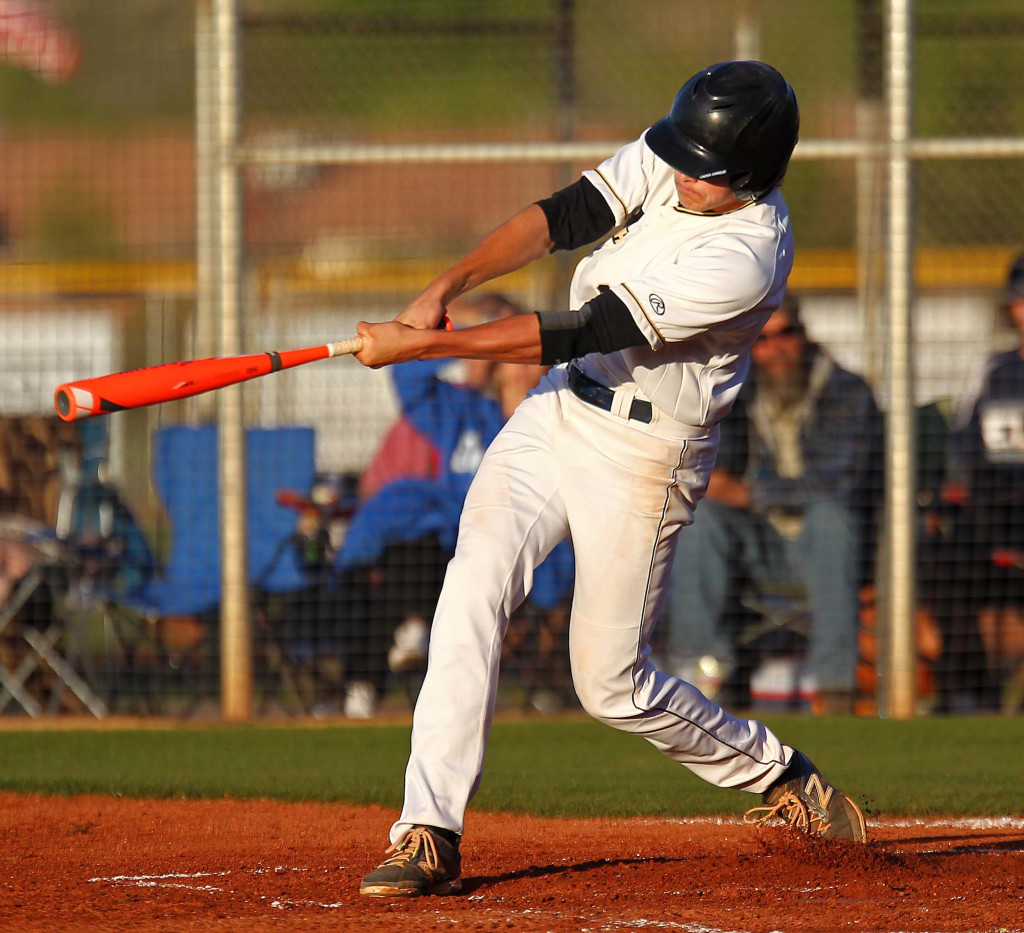 Desert Hills' Brayson Hurdsman clobbers a pitch over the wall in right field for a three-run home run, Dixie vs. Desert Hills, Baseball, St. George, Utah, Apr. 2, 2015 | Photo by Robert Hoppie, ASPpix.com, St. George News