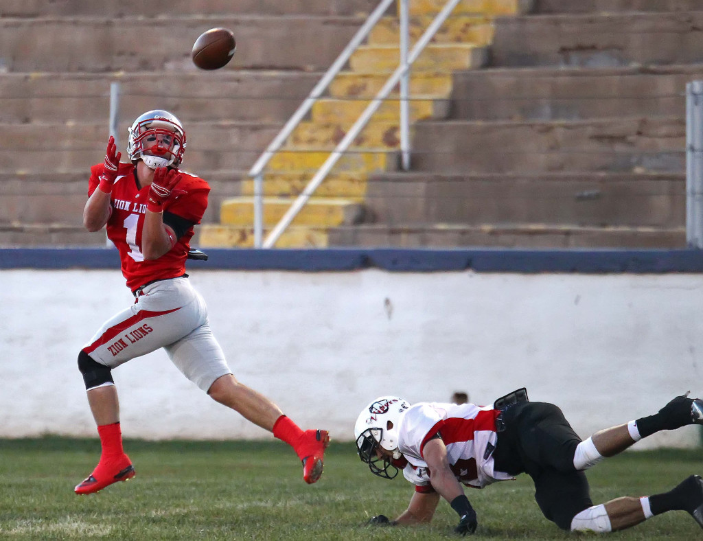 Lion's receiver Brennan Adams (1) catches a long pass for a touchdown in the first quarter, Zion Lions vs. Davis Vipers, Football, St. George, Utah, Apr. 4, 2015 | Photo by Robert Hoppie, ASPpix.com, St. George News