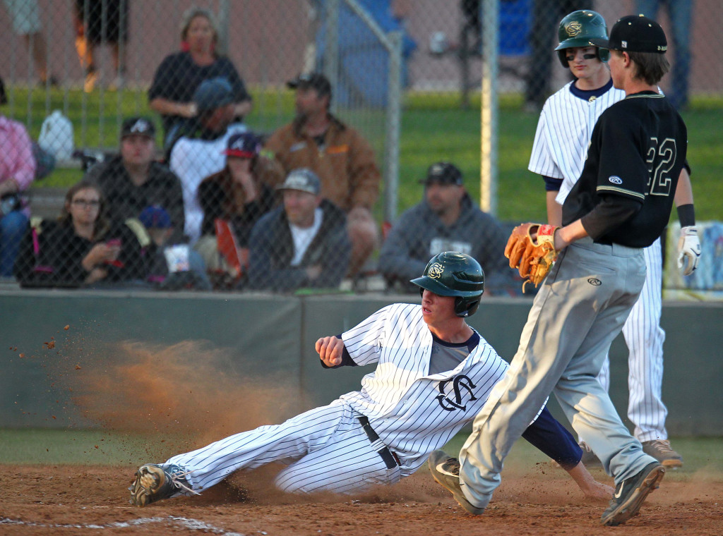 Koby Holyoak scores the Warriors first run on a passed ball, Desert Hills vs. Snow Canyon, Baseball, St. George, Utah, Apr. 7, 2015 | Photo by Robert Hoppie, ASPpix.com, St. George News