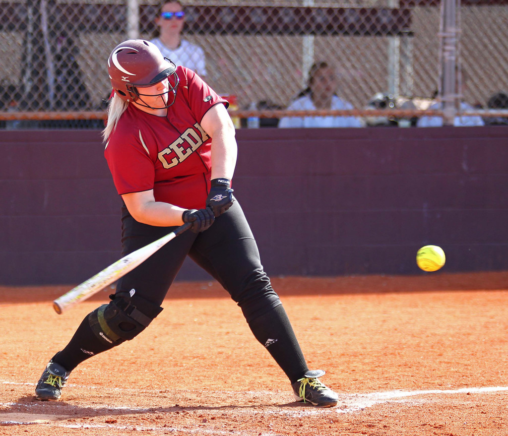 Sadie Leavitt launches a home run over the left field wall for Cedar, Cedar vs. Pine View, Softball, St. George, Utah, Apr. 9, 2015 | Photo by Robert Hoppie, ASPpix.com, St. George News