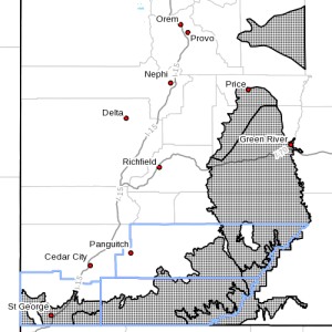 Dots denote areas subject to a High Wind Warning from 10 a.m. Tuesday to 11 a.m., Thursday, April 14-15, 2015 | Image courtesy of National Weather Service, St. George News | Click on image to enlarge 